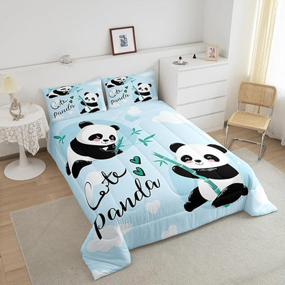 Feelyou Cute Panda Bedding Set Cartoon Panda Comforter Set for Kids Boys Girls Animal Theme Comforter Kawaii Animal Quilt Set Blue 1 Comforter Set with 2 Pillowcases King Size
