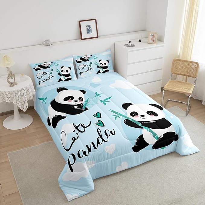 Feelyou Cute Panda Bedding Set Cartoon Panda Comforter Set for Kids Boys Girls Animal Theme Comforter Kawaii Animal Quilt Set Blue 1 Comforter Set with 1 Pillowcase Twin Size