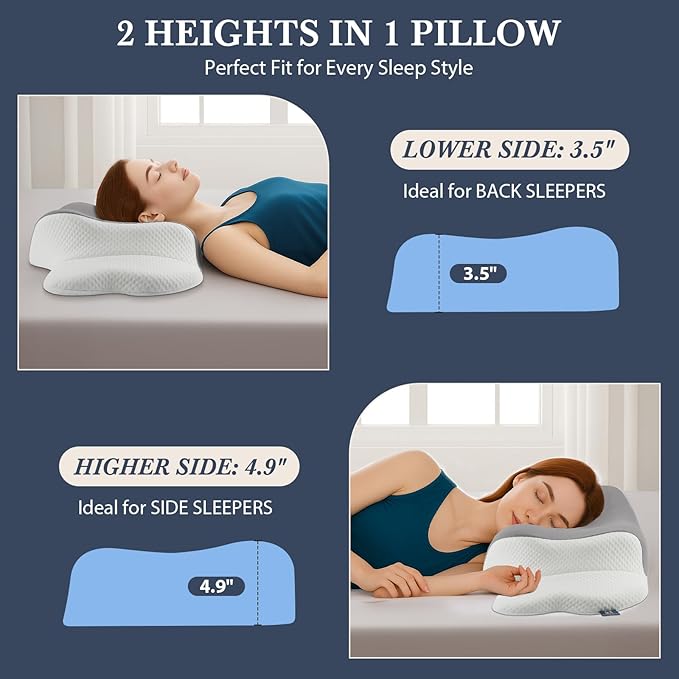 Cervical Neck Memory Foam Pillow for Sleeping, Firm Support Two Heights Side Sleeper Pillow, Ergonomic Contour Pillow for Neck Shoulder Pain Relief (Gray& White)