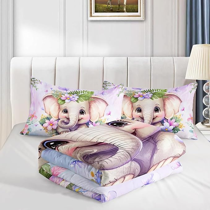 Elephant Flowers Comforter 3pcs Twin Wild Animals Pink Purple Kawaii Butterfly Bedding Kids Comforter Set for Boys Girls Cute Pattern Quilt Bed Set with 1 Comforter and 2 Pillowcases