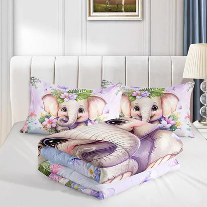 Elephant Flowers Comforter 3pcs Queen Wild Animals Pink Purple Kawaii Butterfly Bedding Kids Comforter Set for Boys Girls Cute Pattern Quilt Bed Set with 1 Comforter and 2 Pillowcases