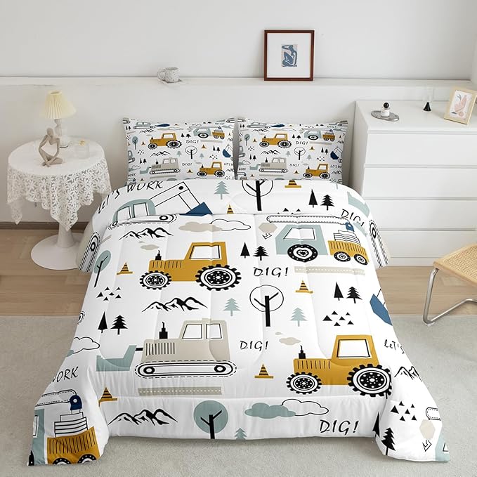 Feelyou Cartoon Car Kids Comforter Set Construction Bedding Set for Boys Toddler Decor Equipment Trucks Comforter Cartoon Car Excavator Tractor White Yellow Duvet Set Bedroom Quilt Set 3Pcs Full