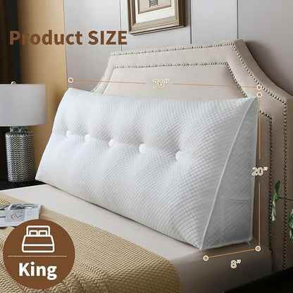Wedge Headboard Pillow for Bed, King Dorm Headboard Pillow Support for Sitting Up, Reading, Relaxing, Bolster Pillow with Removable Washable Cover, White