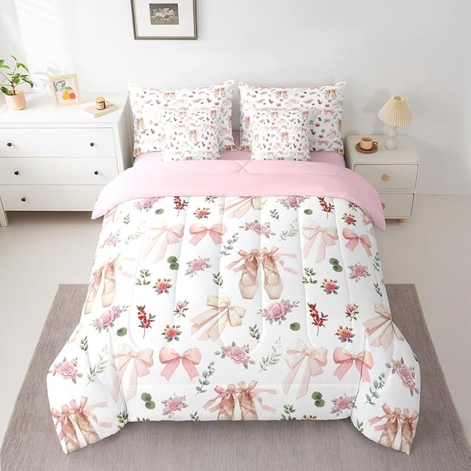 Feelyou Pink Flower 7 Piece Bedding Set Exquisite Dance Shoes Comforter Set with Sheets for Kids Boys Girls Gentle Bow Bed in a Bag Princess Style Bed Set Soft Lightweight