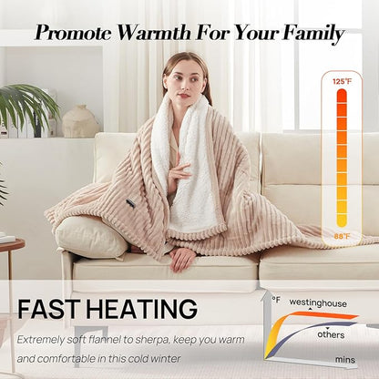 Westinghouse Heated Throw Blanket, Cozy Soft Flannel to Sherpa Electric Throw with 6 Heating Levels & 2-10 Hours Auto Shut Off, Fast Heating & ETL Certification, Machine Washable, 50x60 Inch, Beige