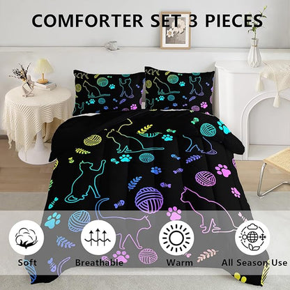 Axolotl Neon Cat Bedding Comforter Set King,Cartoon Cats Bedding Paw Ball of Yarn,Colorful Gradient Line Cats Kids Bed Set for Cat Lover Girls Boys Adults,Cartoon Animal Comforter with 2 Pillow Cases