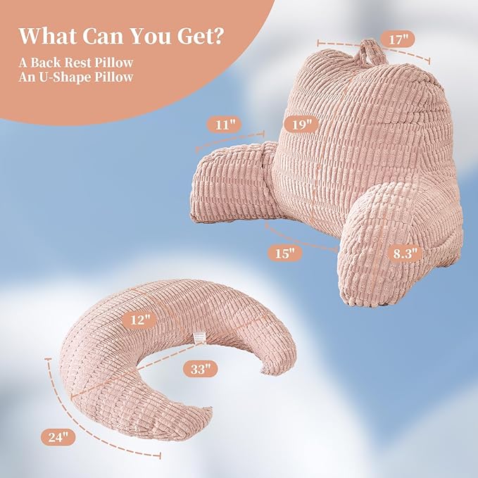 Back Pillow for Bed Sitting Up,U Shaped & Back Support Pillow for Bed,19" Backrest with Lumbar & Arm Support,Comfy Corduroy Fabric,Lap Pillow for Gaming/Reading/Watching TV,Pink