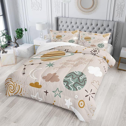Space Bedding Comforter Set Queen Size for Kids Teens and Adults Planet and Clouds Printed Quilt Set for Bedroom 100% Soft Microfiber All Season Print Quilt Set with 1 Comforter and 2 PillowCases