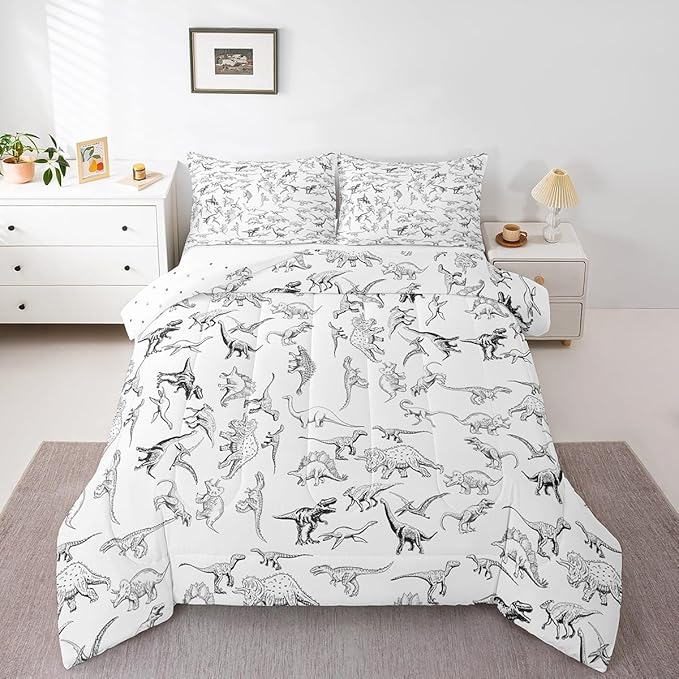 Feelyou Dinosaur Bedding Set Twin Size 3D Digital Print Comforter Set for Kids Boys Girls Decor Jungle Dino Comforter Wild Animal Black and White Duvet Set Bedroom Quilt Set with 1 Pillow Case