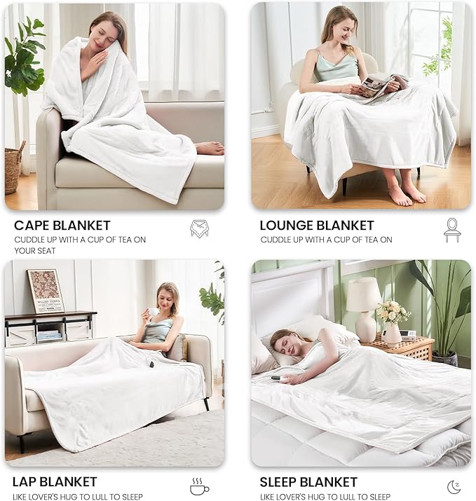 Electric Heated Blanket,Flannel & Sherpa Heated Throw Blanket 50"x60",Fast Heating Soft Fleece Blanket with 6 Heating Levels & 4H Auto Off-White