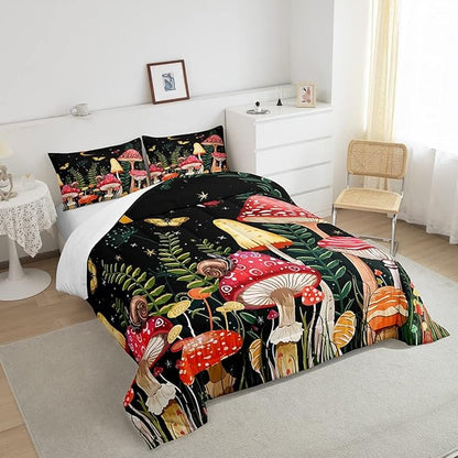 Feelyou Kids Mushroom Bedding Set Natural Wild Fungus Comforter Set for Kids Boys Girls Botanical Plants Duvet Set Butterfly Comforter 1 Comforter Set with 2 Pillowcases Queen Size