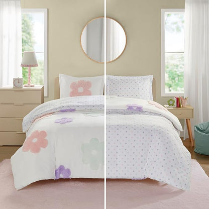 Intelligent Design Kids Full Duvet Cover Set for Girls, Tufted Chenille Floral Duvet Set Queen, Lightweight Polka Dot Reversible Bedding Cover, Gracie, Full/Queen White/Purple 4 Piece