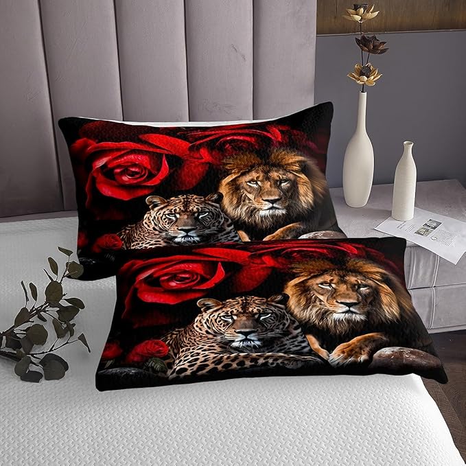 Feelyou Lion Tiger Quilt Set Coverlet Girls Women Rose Floral Wild Animal Bedspread for Kids Teens Room Decor Romantic Flower Safari Print Quilt Sets Wildlife Coverlet Set 3Pcs King Size