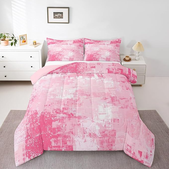Feelyou Light Pink Abstract Duvet Quilt Geometric Bedding Set for Kids Boys Girls Teens Room Decor Modern Art Comforter Set Full Size Buffalo Check 3Pcs Breathable Soft Lightweight Microfiber