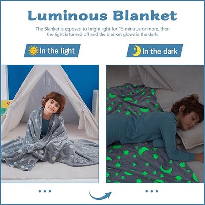 QSTEHEML Moon Glow in The Dark Blanket,Star Gifts Toys for Kids Boy Birthday Christmas Bedroom Decor for Age 3-12 Years Old Toddler Teens Child Grandkids Soft Luminous Blanket 50"×60"