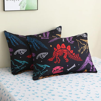7 Piece Boys Dinosaur Comforter Set Twin Size 3D Black Dinosaur Skeleton Bedding Set for Toddler Kids Teens Christmas Birthday Gift