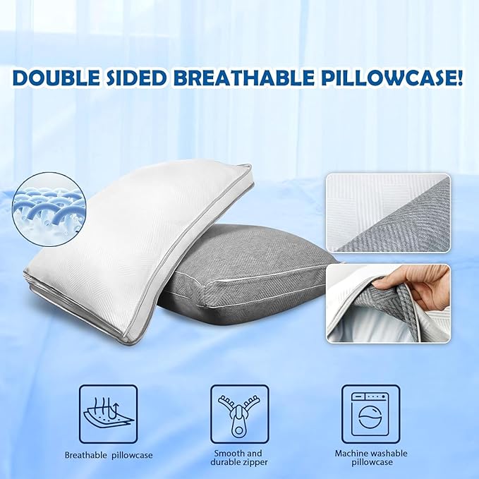 Pillows Queen Size Set of 2 - Shredded Memory Foam Cold Pillow That Stay Cold Adjustable Pillows for Sleeping Double-Sided Pillowcase