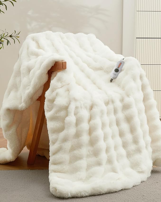 GarveeHome Heated Blanket King, Dual Control Faux Fur Electric Heating Blanket with 4 Heat Settings, Soft Bubble Blanket with 8 Hour Auto-Off & Overheat Protection, for Gifts Home Couch or Bed, White