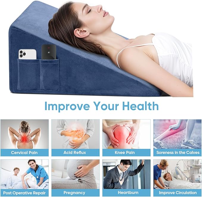 Wedge Pillow, 7.5 Inch Bed Wedge Pillow for Headboard, Pillow Wedge for Acid Reflux Relief, After Surgery, Sleeping，Back Pain Relief, Memory Foam Top, Blue
