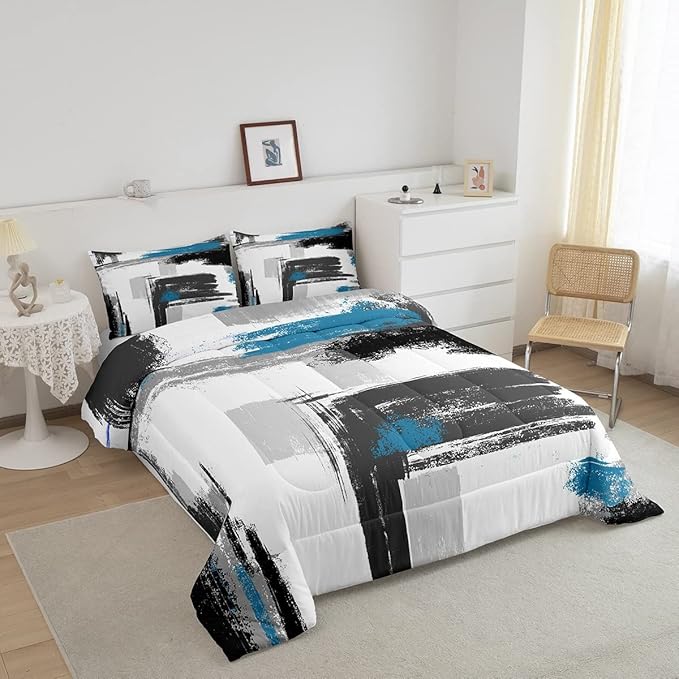 Feelyou Abstract Comforter Modern Abstract Art Comforter Set for Boys Girls Children White Grey Blue Pattern Bedding Set Room Decor Toddler Size Duvet Set 2Pcs