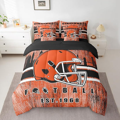 Erosebridal 7Pcs Gridiron Bed in A Bag King Size Cincinnati Bedding Set Sports Room Decor for Men Women Football City Sports Decor Comforter Sets with Sheets Retro Watercolor Grunge Rugby Bed Set