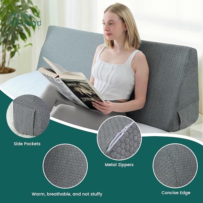 Queen Size Headboard Wedge Pillow with Washable Cover, Ergonomic Incline Memory Foam Cushion Reading Daybed Pillow for Back, Neck, Shoulder Support, Gray(59.84"x11.8"x19.68")