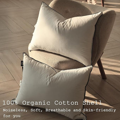 Luxury High Fill Power Goose Down Pillows 700Fill， Breathable Cotton Shell, Orthopedic Support for Back, Stomach Side Sleepers, Standard Size Bed Pillows 20"x26", 2 Pack