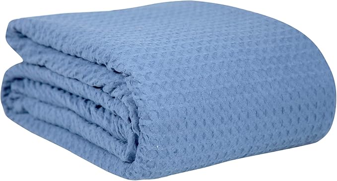 HILLFAIR 100% Combed Cotton Blanket– Twin Size Bed Blankets– Warm Soft All Season Breathable Lightweight Summer Blankets– Waffle Weave Home Decor Bed Blanket- Blue Twin Bed Cotton Blankets/Bedcovers