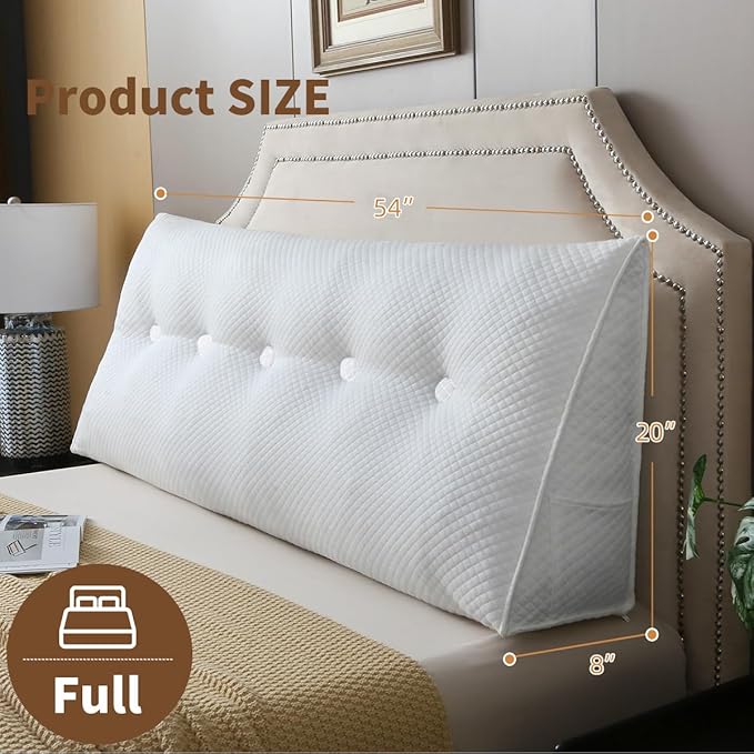 Wedge Headboard Pillow for Bed, Full Dorm Headboard Pillow Support for Sitting Up, Reading, Relaxing, Bolster Pillow with Removable Washable Cover, White