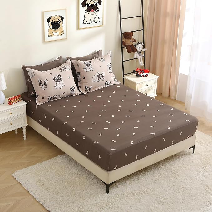 Kids Comforter Set 7 Piece Bedding Cute Dog Cartoon Animal Bed Microfiber Comforter Twin Size All Season (1 Comforter, 1 Flat Sheet, 1 Fitted Sheet, 4 Pillowcase)