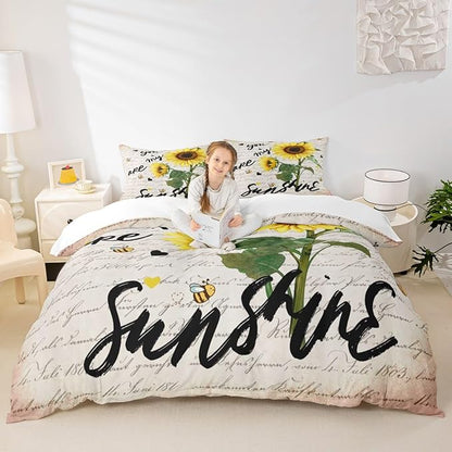Sunflower Bedding Set Twin Size,Black Sketch Sunshine Graffiti Duvet Cover Set 2pcs for Kids Teens Adults Home Room Decor,Rustic Farmhouse Bee Comforter Cover Nature Plants Animals Quilt Cover