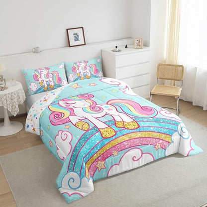 Feelyou Unicorn Bedding King,Star Print Rainbow Kids Comforter Sets for Girls Comforter Set,Cute Unicorn Duvet Quilt,Cute Animal Bedding Rainbow Bedroom Decor,Blue