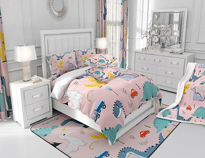 Castle Fairy Cute Dino Kids Full Size Comforter Set,Cartoon Cars Dinosaur Rainbow Print Bedding Comforters Bedroom Collection,Kawaii Animal Vehicle Drawn Pink Bedding Set for Girls Teens