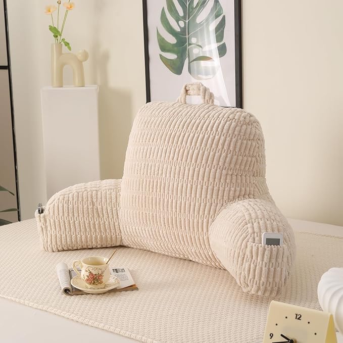 Reading Pillow for Sitting in Bed, Large Backrest Reading Pillow with Arm Rest,Back-Rest Support Cushion for Sit Up on Couch, Sofa, and Floor, Dorm Essentials (Cream Corduroy, Standard(17"))