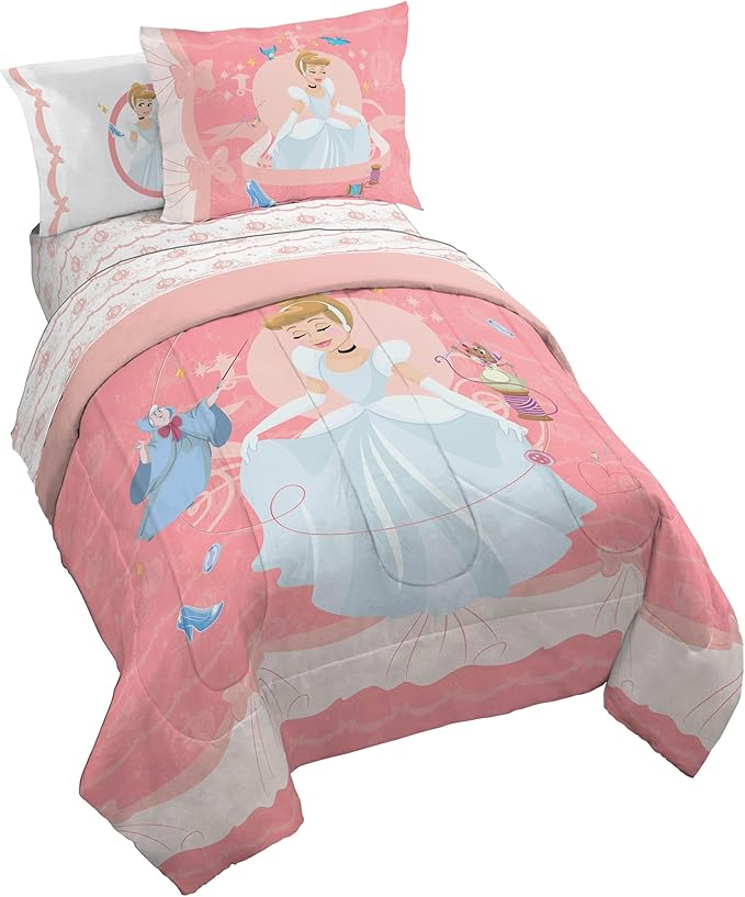 Jay Franco Kids Comforter Set Includes Sheets and Pillow Covers - Soft and Cozy Bed Set for Stylish Room Decor, Pink - Princess Cinderella, 7 Piece Full Size Bedding
