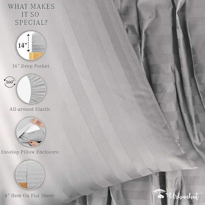 URBANHUT 1000 Thread Count Egyptian Cotton Sheets Damask Striped Twin Size, Breathable Long Staple, 4 Pc Bed Sheet Sets, Luxury Hotel Sateen Sheets Fits 16" Deep Pocket - Silver Grey