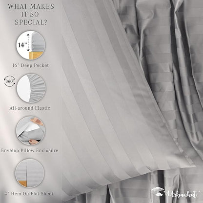 URBANHUT 1000 Thread Count Egyptian Cotton Sheets Damask Striped Twin Size, Breathable Long Staple, 4 Pc Bed Sheet Sets, Luxury Hotel Sateen Sheets Fits 16" Deep Pocket - Silver Grey