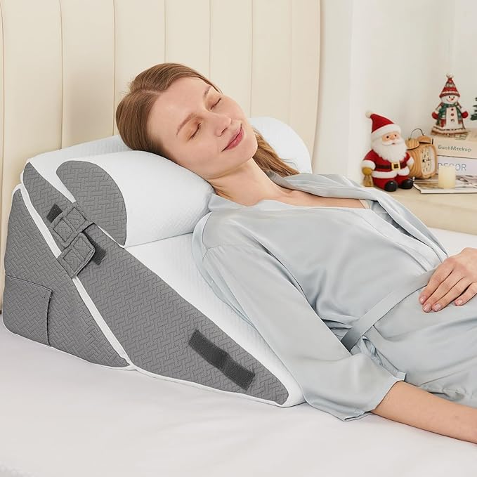 Sasttie Wedge Pillow Set for After Surgery, 2PCS Adjustable Bed Wedge Pillow Headboard with Memory Foam Neck Cushion – for Acid Reflux, Sleeping, Neck & Back Support, Dark Grey & White