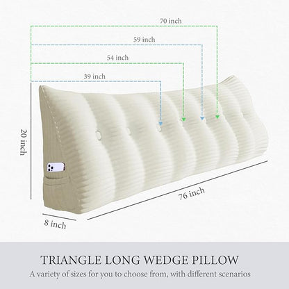 Wedge Headboard Pillow Dorm Room Reading Pillow Back Support for Sitting Up in Bed Bolster Lumbar Cushion Body Positioning Bedrest Corduroy (White, Twin (39 * 8 * 20in))