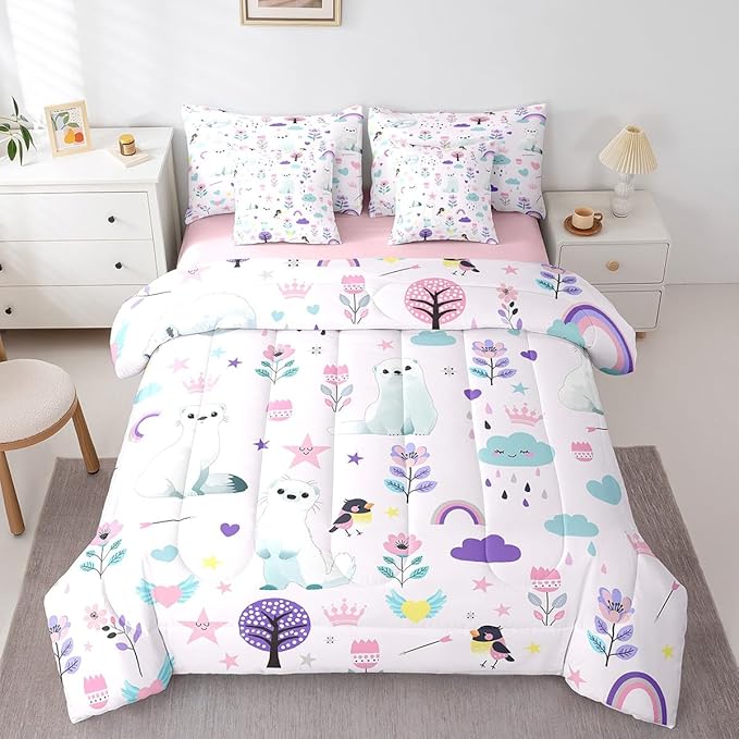 Erosebridal Full Comforter Set for Kids,7 Pieces Floral Ferret Bedding Sets Full Bed in a Bag,Reversible Cartoon Zoo Animal Bed Set,Cute Flower Comforter, Sheets, Pillowcases and Cushion Cases