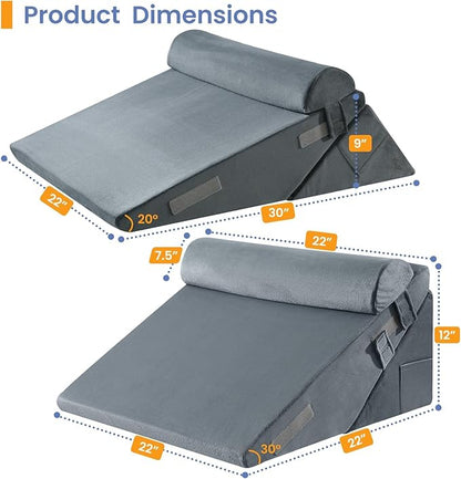 Sasttie Wedge Pillow Set for After Surgery, 2PCS Adjustable Bed Wedge Pillow Headboard with Memory Foam Neck Cushion – for Acid Reflux, Sleeping, Neck & Back Support, Velvet & Dark Grey