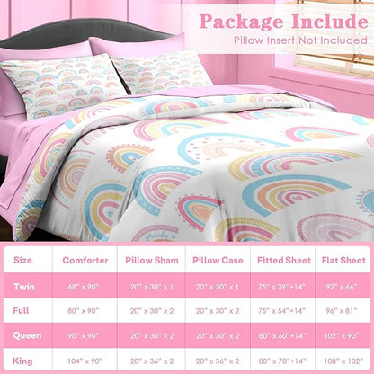 Comforter Set Full Size, Cute Cartoon Rainbow 7 Pcs Bedding for Kids and Adults, Pink Boho Nursery Bed Sheet Sets with Fitted Sheet 2 Pillowcases & 2 Shams for Bedroom Bed Decor