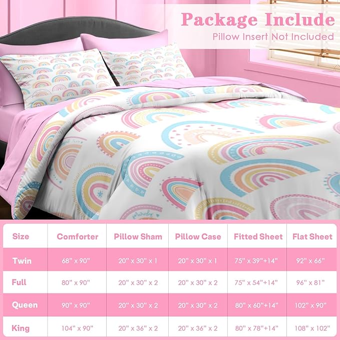 Comforter Set Queen Size, Cute Cartoon Rainbow 7 Pcs Bedding for Kids and Adults, Pink Boho Nursery Bed Sheet Sets with Fitted Sheet 2 Pillowcases & 2 Shams for Bedroom Bed Decor