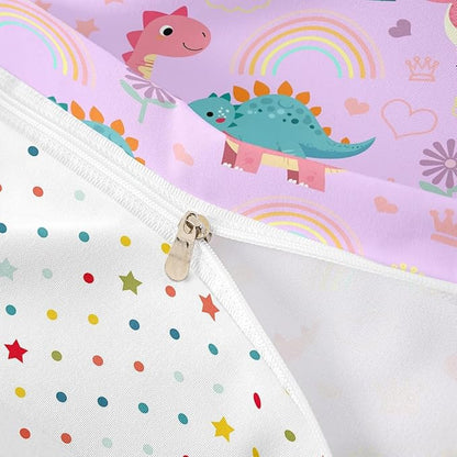Kawaii Dino Duvet Cover Set Twin Size,Cute Rainbow Floral Love Heart Reversible Comforter Cover (Not Comforter),Pink Blue Dinosaur Lovely Animal Polyester Bedding Set Bedroom Decor, 2 Pcs