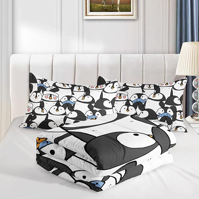CVHOUSE Cartoon Penguin Bedding Set Twin Cute Animal Pattern Kids Teen Comforter Set 3 Pieces with 1 Comforter + 2 Pillow Cases Decor Comforter Set Cute Penguin Animal Pattern