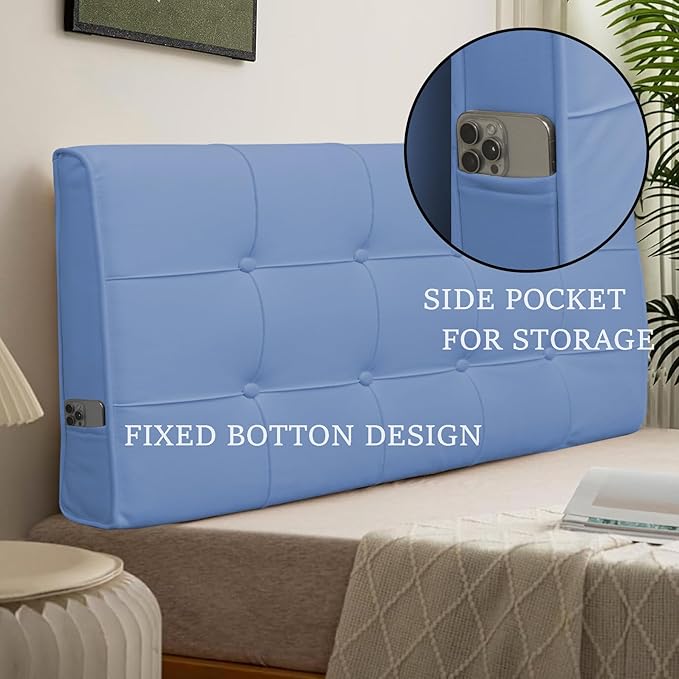 BCU Headboard King Size Upholstered Wall Mount Pillow Headboard Adjustable Washable with Removable Cover Side Pocket for Backrest Support in Bed, Blue