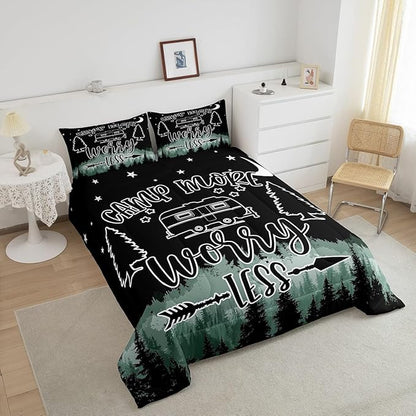 Feelyou Happy Camping Comforter Set Kids Galaxy Night Camper Bedding Set Twin Women Men Caper Van Decor Comforter Ultra Soft Microfiber Quilted Set Bedroom Comforter Inner Fill Twin Size