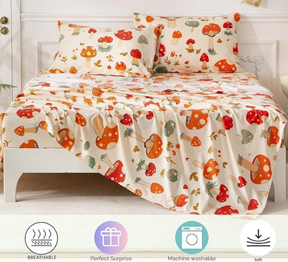 SDY 7PCS Mushroom Bedding Twin，Mushroom Comforter Twin and Bed Sheets for Boys Girls and Kids witj 1Comforter 1Fitted Sheet 1Flat Sheet 2Pillow Cover 2Pillow Sham