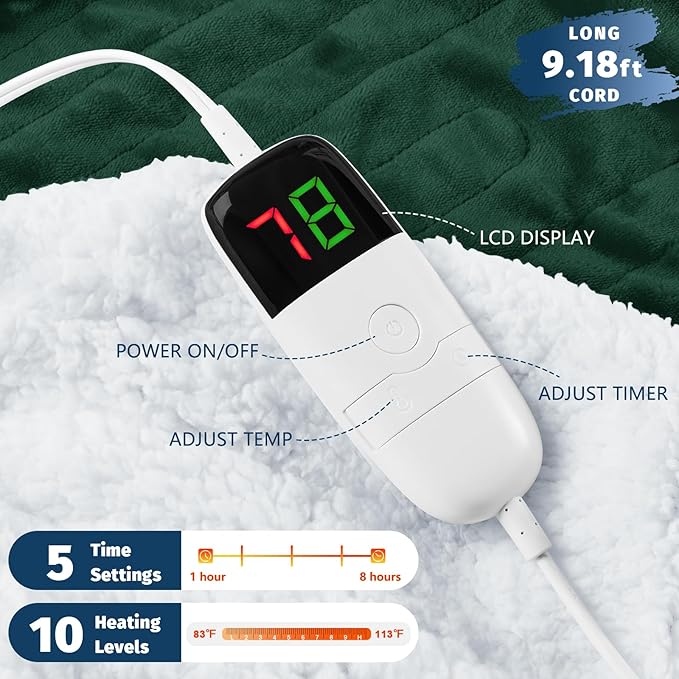 BOMOVA Heated Electric Blanket Twin Size - 62" x 84" Heating Blanket with 10 Heating Levels & 8 Hours Auto Off, Warm Flannel Blanket, Christmas Birthday Gifts for Women