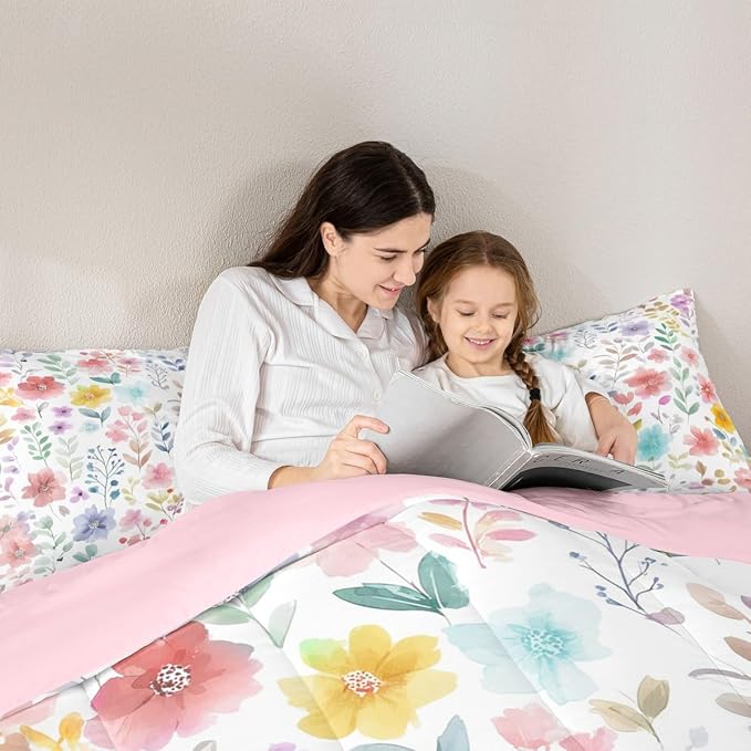 Erosebridal Cute Floral Queen Comforter Set,Red Purple Flower Bedding Sets for Kids Girls Women,Colorful Boho Wildflower Bed Set,Country Cottage Core Flowers Room Decor,2 Pillowcases Breathable